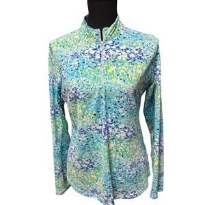 Icikuls Blue Green Print Qtr Zip Athletic Top Small